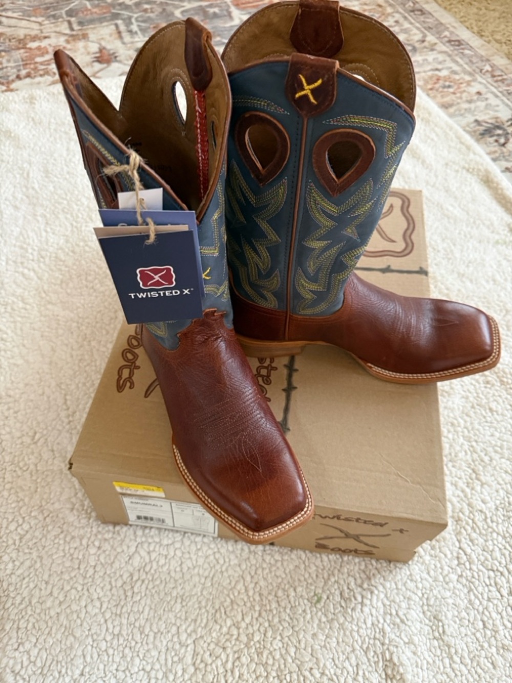 Twisted X Men's Brown Leather Cowboy Boots with Blue Shaft and Yellow Stitching